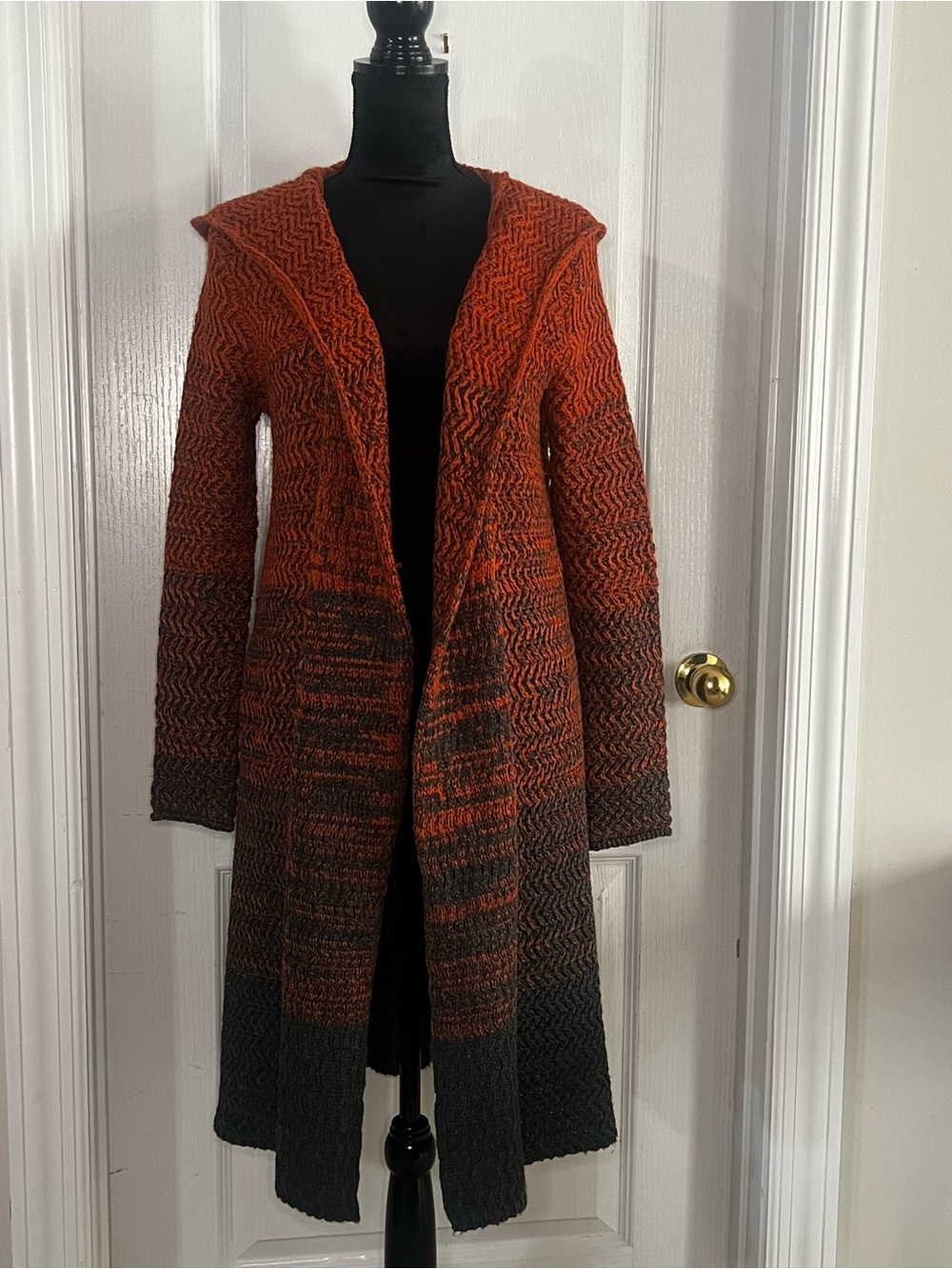 Ethereal Vintage Open-Front Hooded Women's Sweater Cardigan - Rust & Charcoal